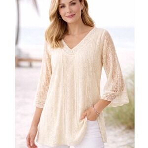 Indigo Soul Cream Lace Tunic Top V-Neck 3/4 Bell Sleeve Boho Floral Crochet XL